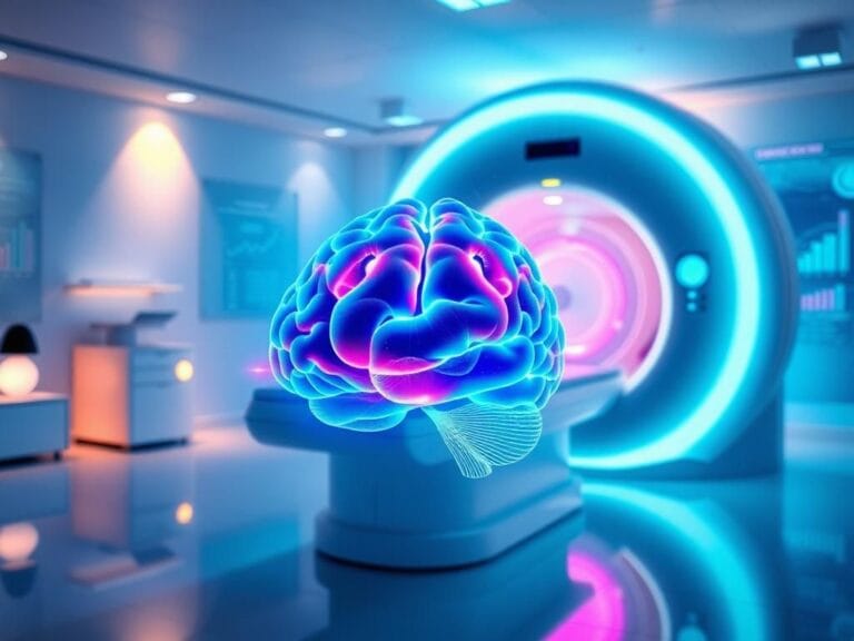 Flick International A futuristic medical laboratory with an advanced MRI machine and a glowing holographic brain illustration