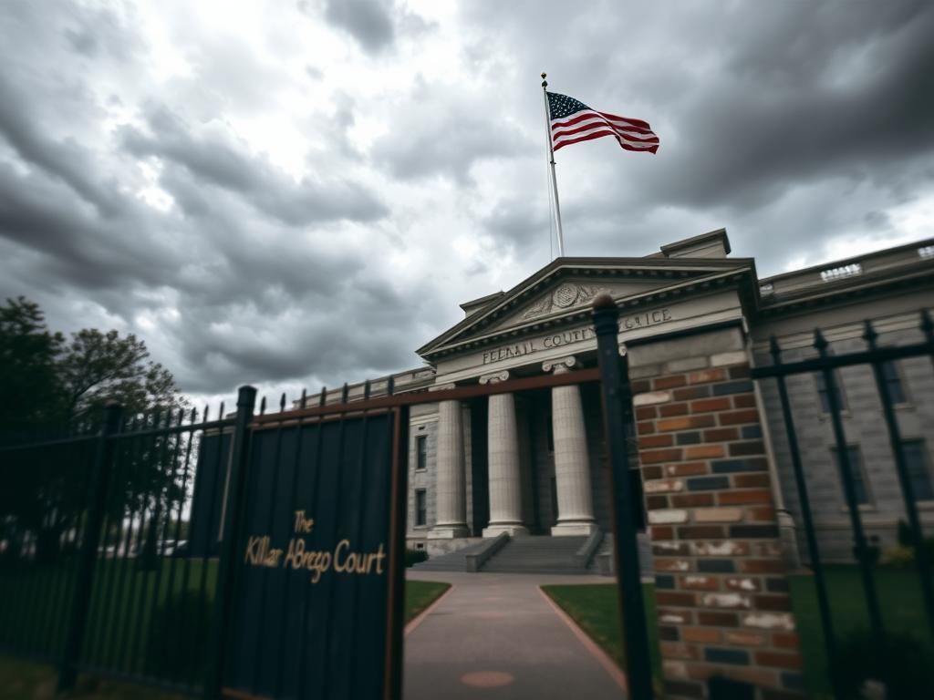Flick International Courthouse scene with American flag and immigration detention center gate