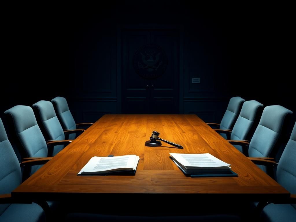 Flick International A dimly lit conference room with an imposing wooden table surrounded by empty chairs, suggesting a serious investigation.