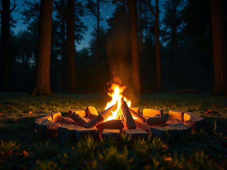 Flick International Cozy campfire in a serene natural setting surrounded by towering trees and a starry night sky