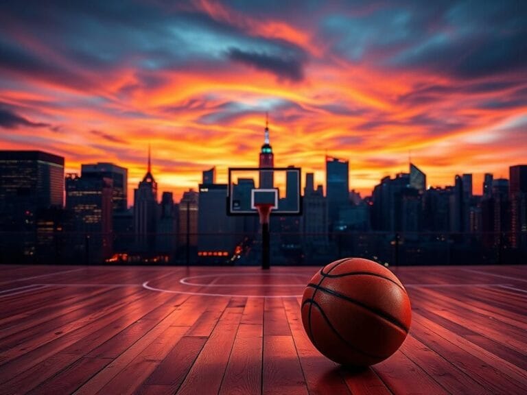 Flick International Urban skyline at twilight with New York Knicks colors and a basketball court silhouette