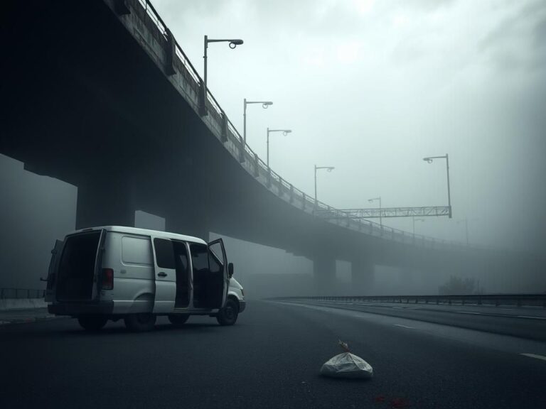 Flick International dark highway bridge in Culiacan, Mexico with a white van and ominous atmosphere