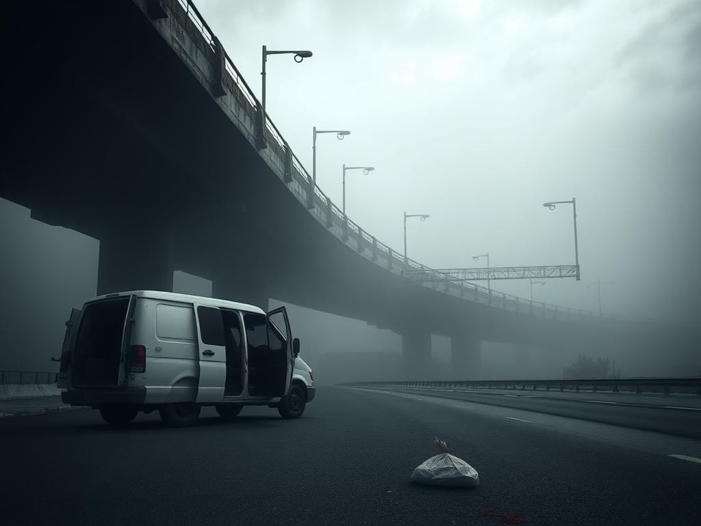 Flick International dark highway bridge in Culiacan, Mexico with a white van and ominous atmosphere