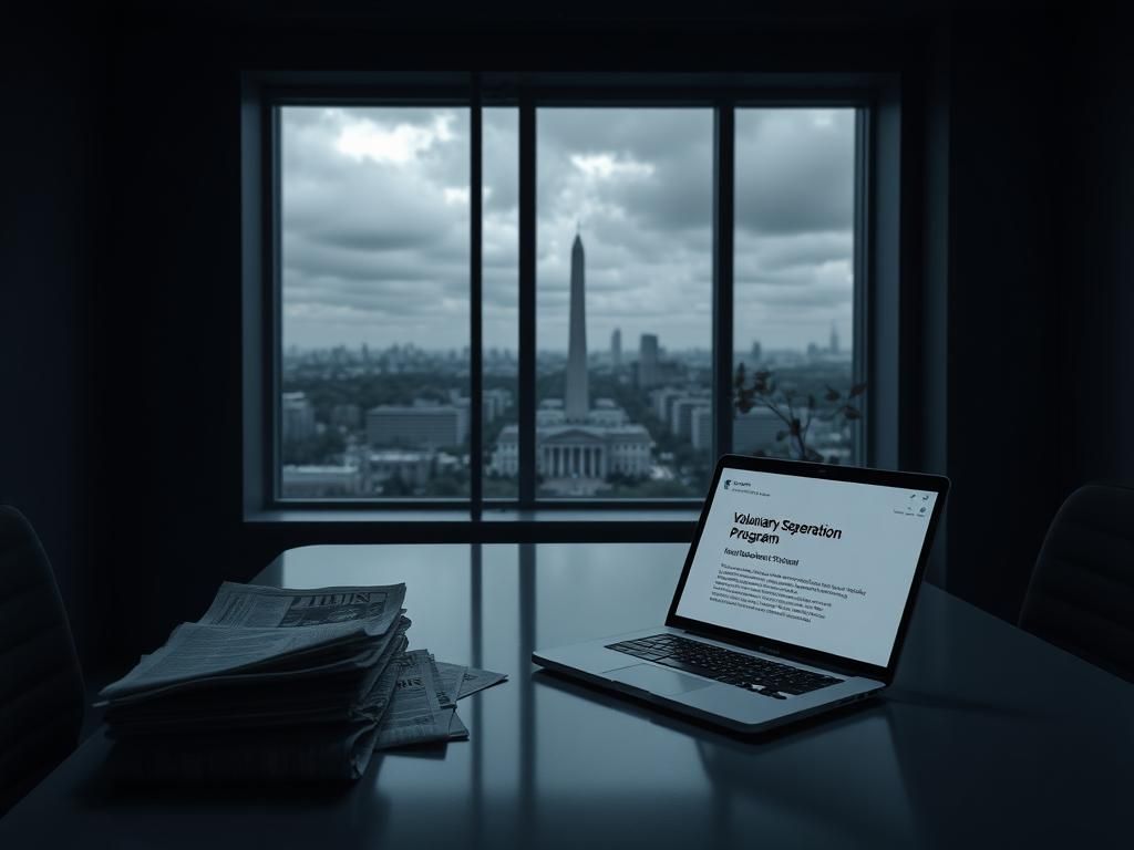 Flick International Empty office space with dim lighting and scattered newspapers symbolizing transition at Washington Post