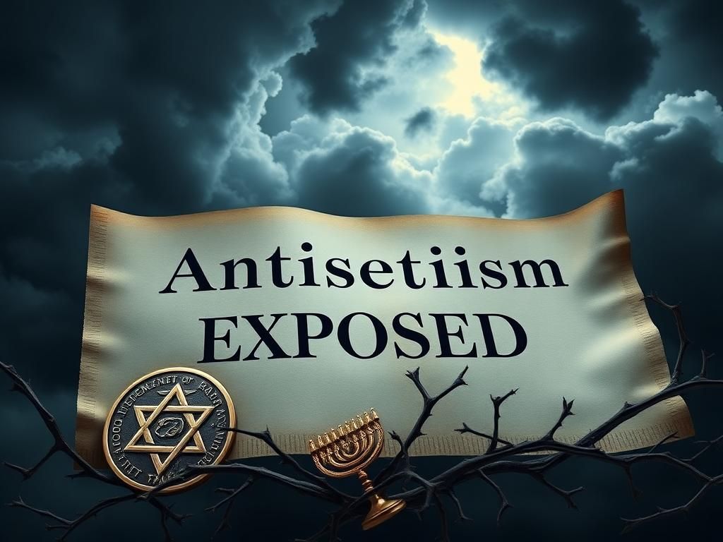 Flick International An open scroll displaying 'Antisemitism Exposed' with a backdrop of dark clouds