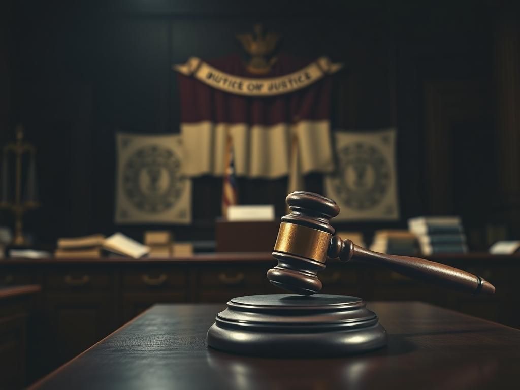 Flick International A dimly lit courtroom featuring a large gavel on a wooden bench, representing the gravity of justice.