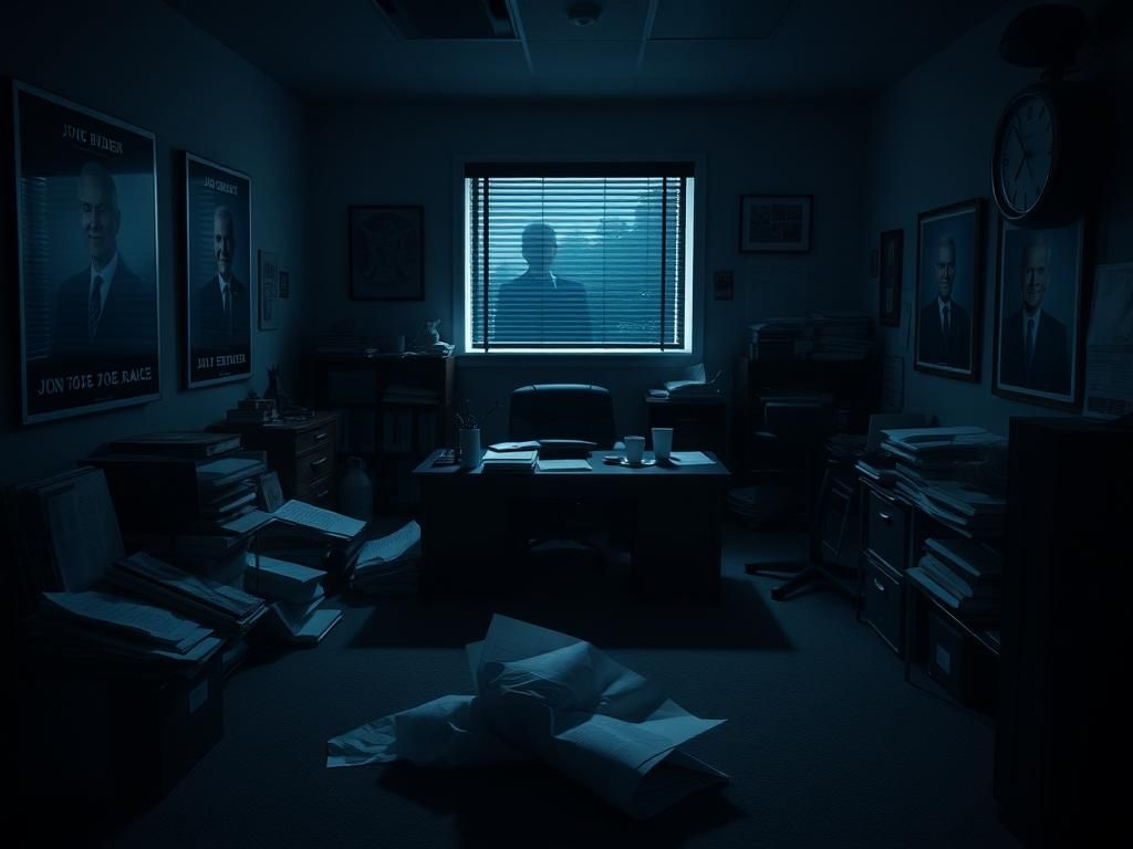 Flick International Dimly lit campaign office with cluttered desk covered in materials