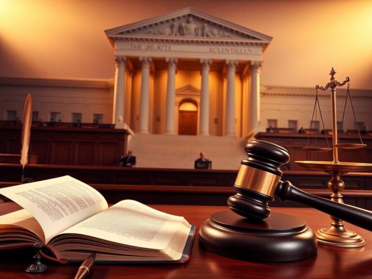 Flick International A striking courtroom scene featuring an ornate wooden bench and a prominent gavel in front of the Supreme Court building.