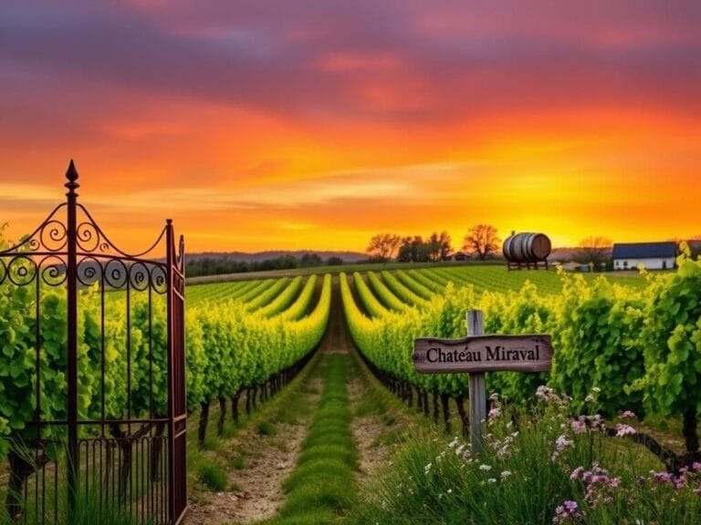 Flick International A tranquil vineyard at sunset with lush grapevines and an ornate gate symbolizing Château Miraval