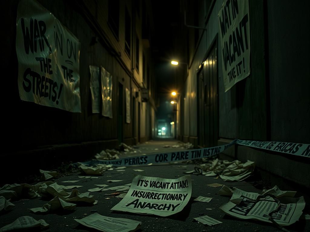 Flick International Dimly lit urban alley with crumpled protest flyers and a tattered paper titled 'Organizing for Attack! Insurrectionary Anarchy.'