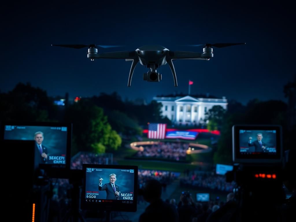 Flick International A high-tech Secret Service drone hovering over a political rally at night
