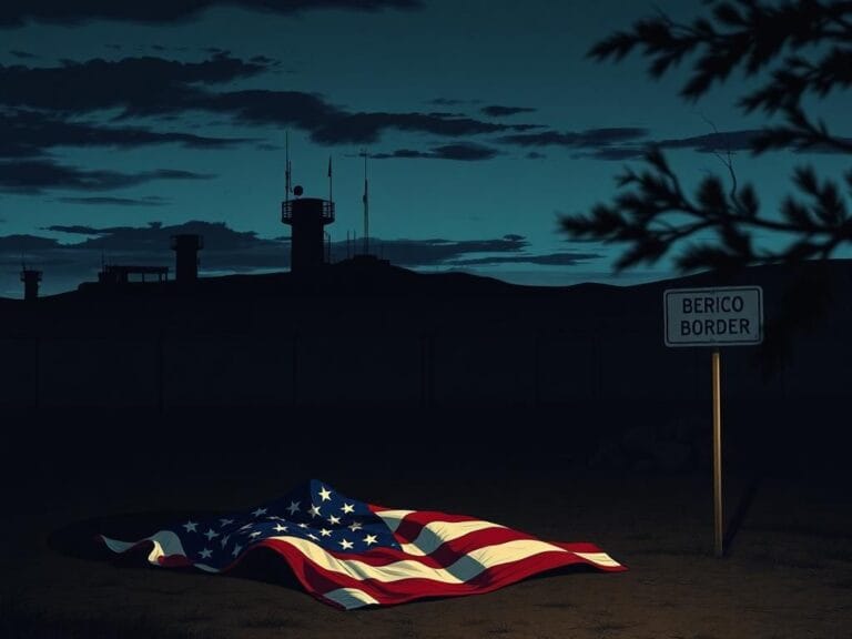 Flick International A deserted border landscape with a crumpled American flag symbolizing conflict