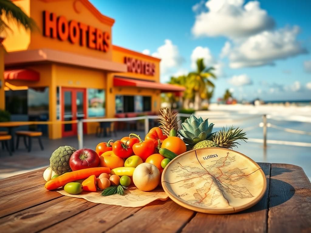 Flick International Vibrant outdoor scene at a new Hooters restaurant with colorful fruits and vegetables on a rustic wooden table