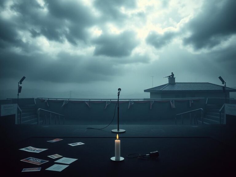 Flick International Somber scene of an empty campaign rally venue with an unattended microphone stand and scattered campaign materials.