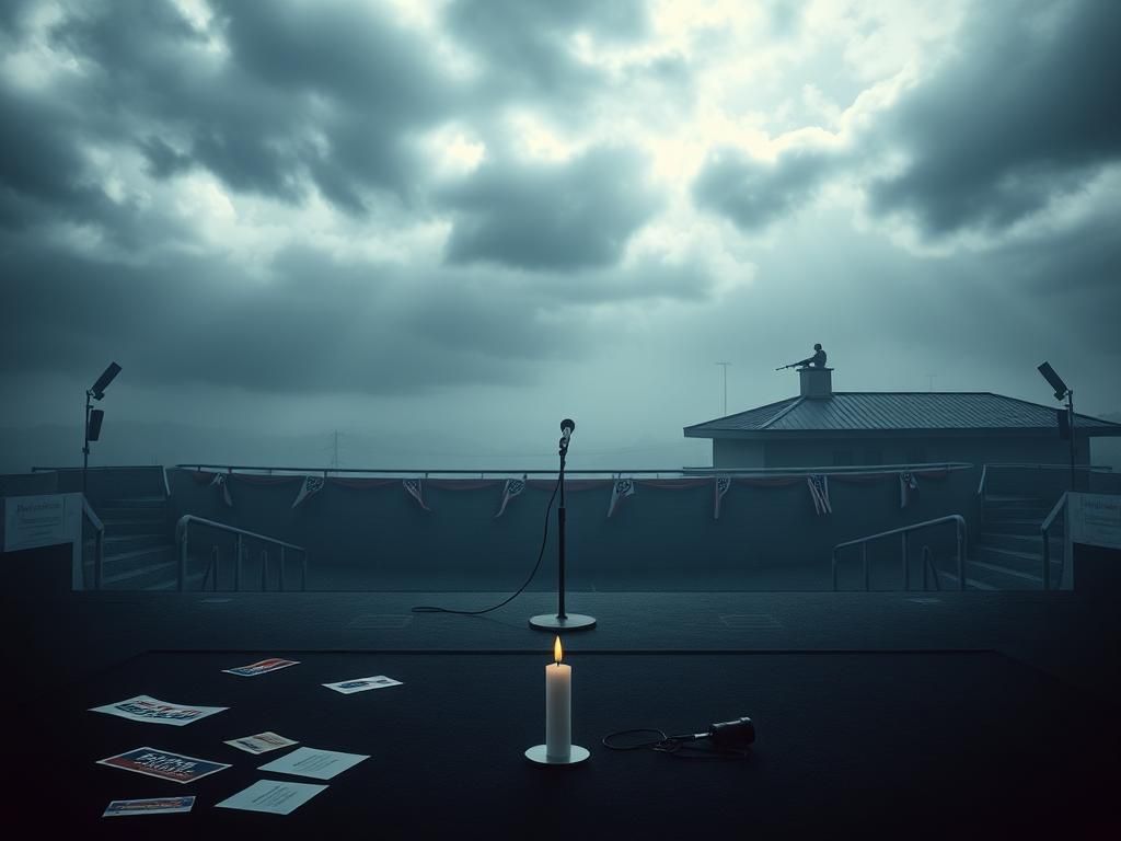 Flick International Somber scene of an empty campaign rally venue with an unattended microphone stand and scattered campaign materials.