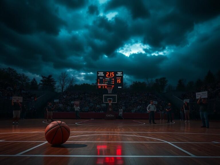 Flick International Empty basketball court at dusk with a basketball near the three-point line, symbolizing rivalry.