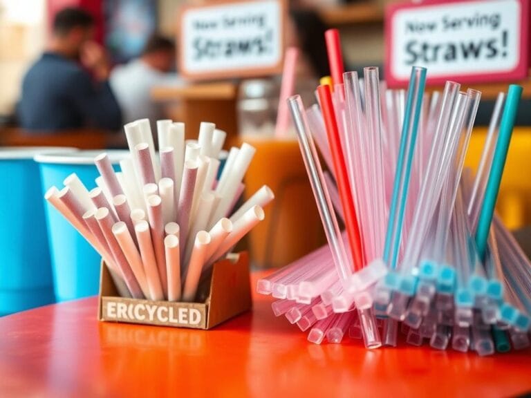 Flick International Close-up of colorful drinking straws showing contrast between paper and plastic straws