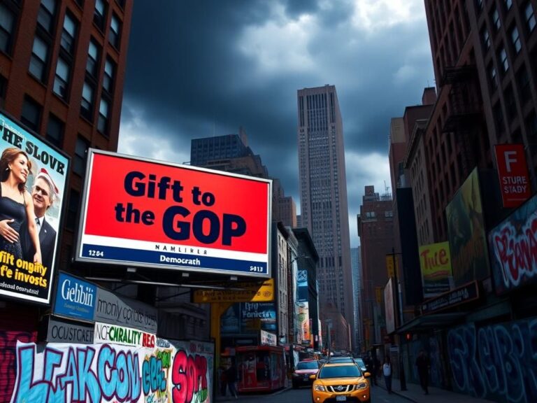 Flick International Bustling New York City street scene with political campaign posters and graffiti art