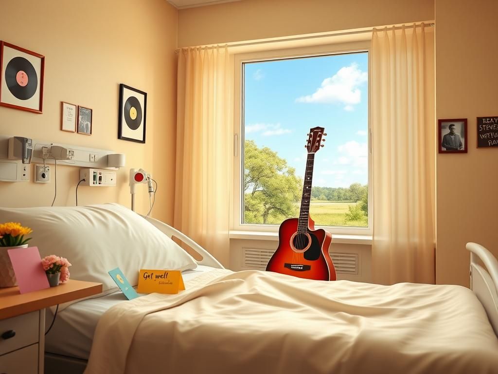 Flick International Hospital room with get well cards and a guitar symbolizing Ray Stevens' recovery