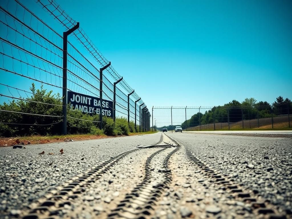 Flick International Close-up of a barbed-wire fence at Joint Base Langley-Eustis under a clear blue sky