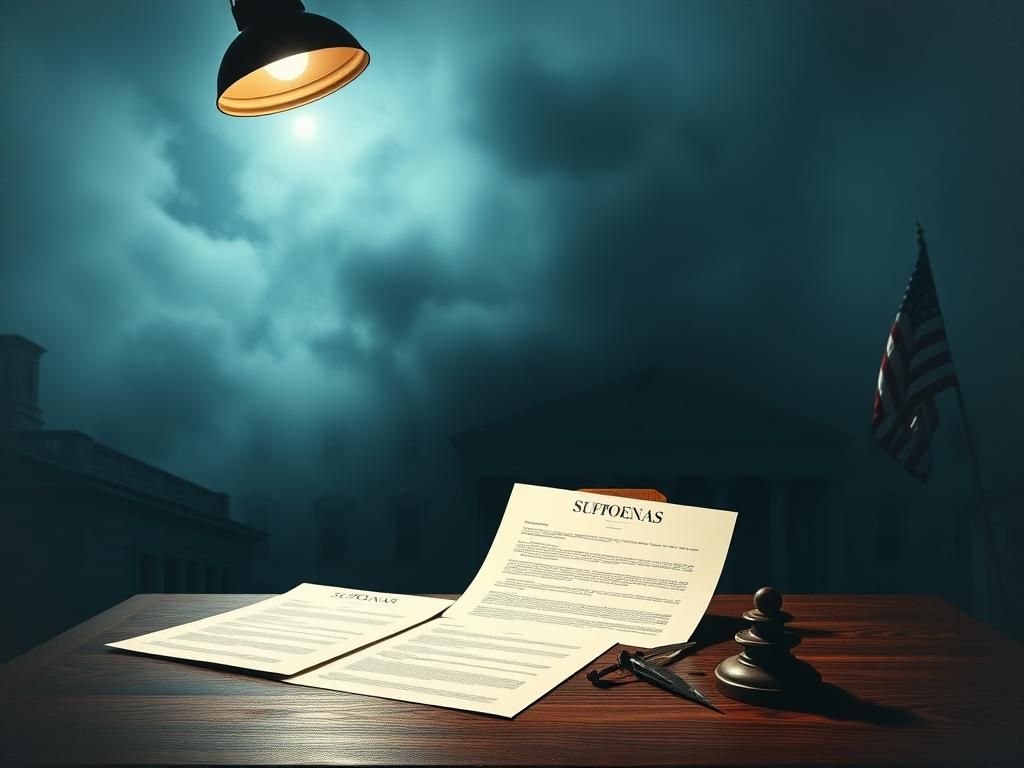 Flick International A shadowy government building representing the FBI and DOJ shrouded in fog, with subpoenas on a wooden desk.