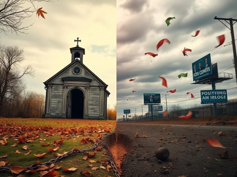 Flick International A split scene depicting the contrasting aspects of a long-term marriage's end, featuring a serene church and a chaotic urban skyline.