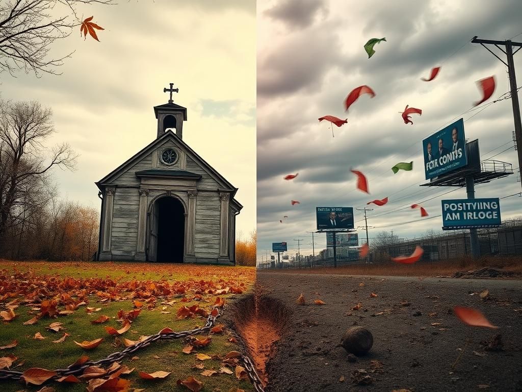 Flick International A split scene depicting the contrasting aspects of a long-term marriage's end, featuring a serene church and a chaotic urban skyline.