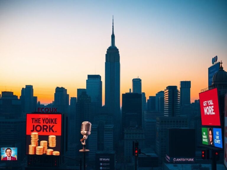 Flick International Bustling New York City skyline at dusk with vibrant campaign advertisements
