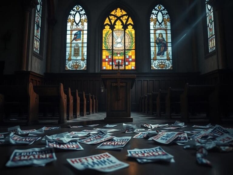 Flick International A somber church sanctuary with stained glass and political flyers on the floor