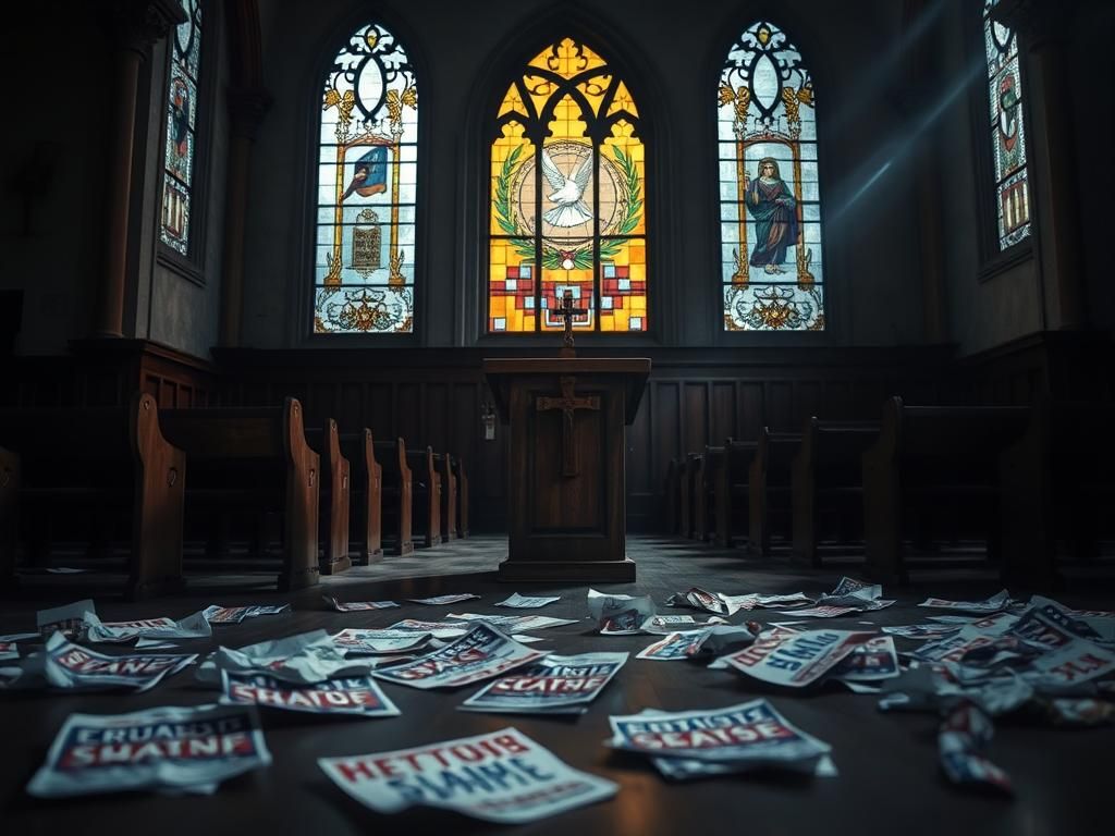 Flick International A somber church sanctuary with stained glass and political flyers on the floor