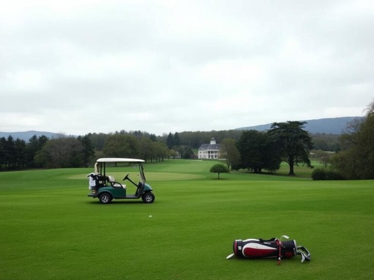 Flick International Serene view of the Evian Resort Golf Club with lush greenery and empty golf cart, reflecting a somber atmosphere after Charley Hull's collapse