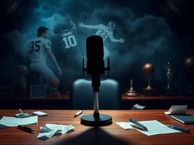 Flick International A dramatic scene with a sportscaster microphone on a wooden desk, shrouded in dark clouds symbolizing a smear campaign