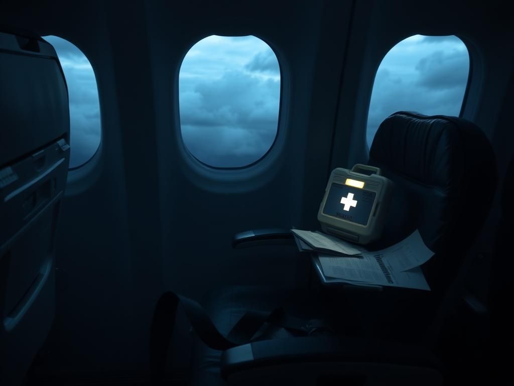 Flick International A dimly lit airplane cabin with a torn seatbelt and scattered papers