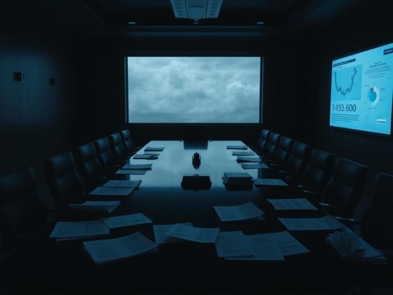 Flick International Dimly lit conference room with shadows and silhouettes of empty chairs around a polished table.