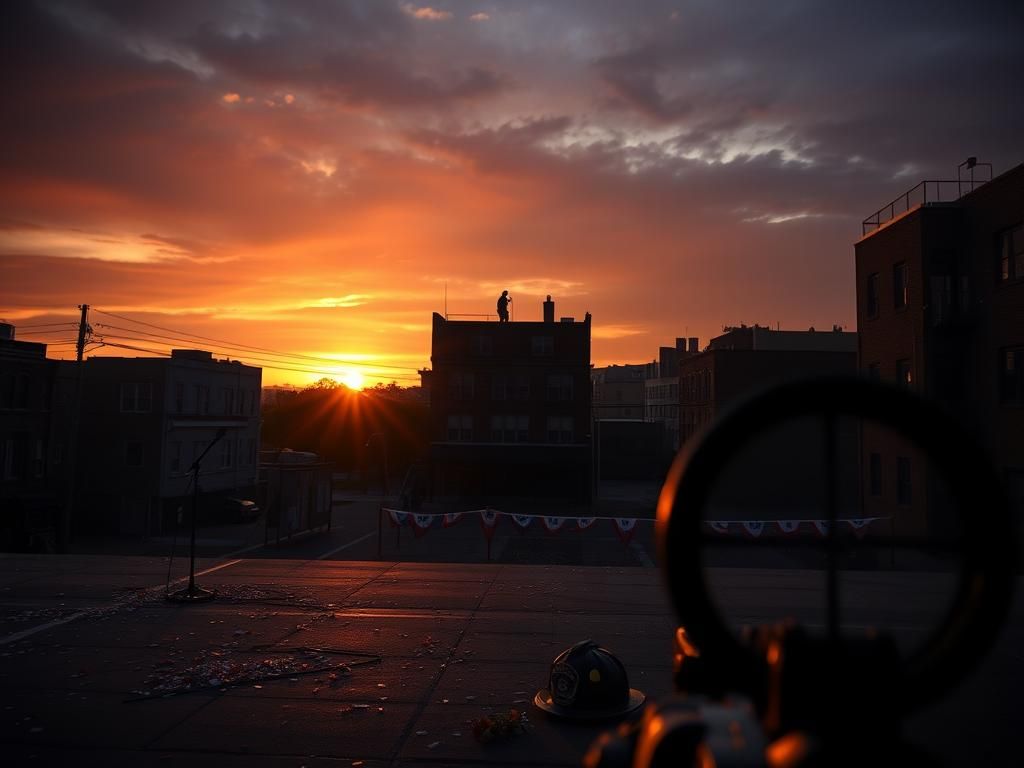 Flick International A dramatic urban landscape in Butler, Pennsylvania, during sunset with an empty rally stage and a silhouette of a sniper's position.