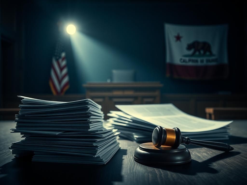 Flick International Dramatic courtroom scene with judge's bench and legal documents