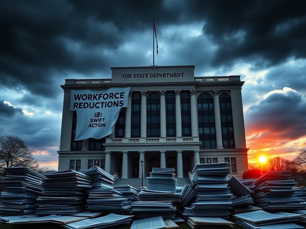 Flick International Dramatic exterior of the State Department building surrounded by dark clouds