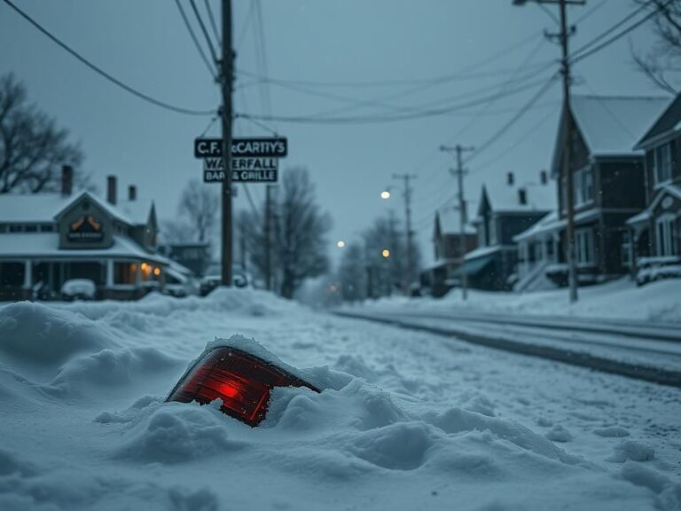 Flick International Snow-covered suburban street in Massachusetts with a broken car taillight and faint bar signs
