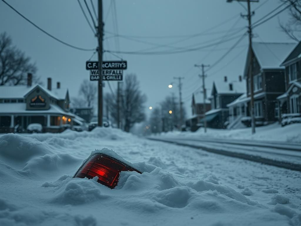 Flick International Snow-covered suburban street in Massachusetts with a broken car taillight and faint bar signs
