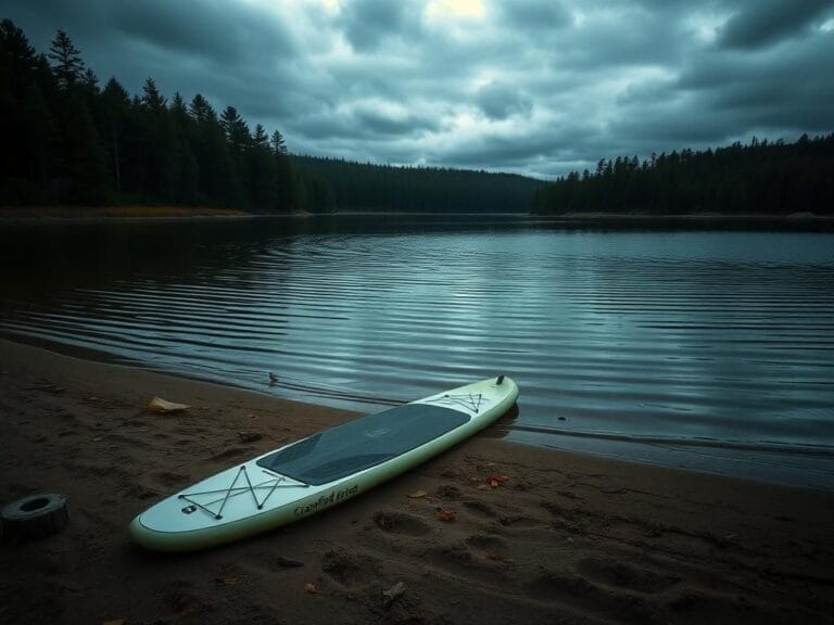 Flick International Abandoned paddleboard on the shore of Crawford Pond, symbolizing disruption in a tranquil setting