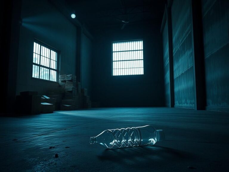 Flick International Dimly lit empty warehouse interior with an abandoned water bottle symbolizing neglect