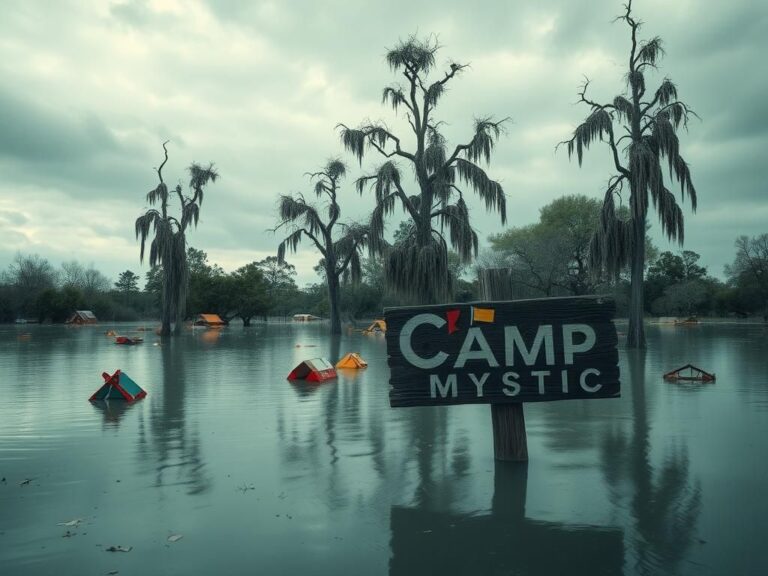 Flick International A flooded Texas Hill Country campsite with a 'Camp Mystic' sign partially submerged in water