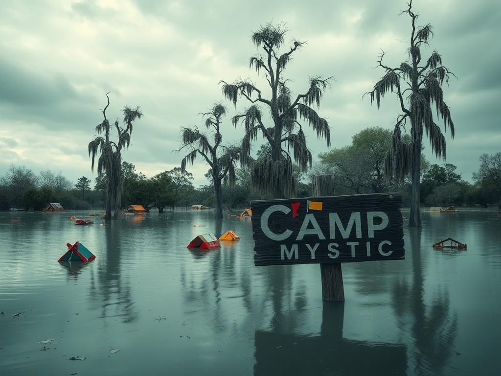 Flick International A flooded Texas Hill Country campsite with a 'Camp Mystic' sign partially submerged in water