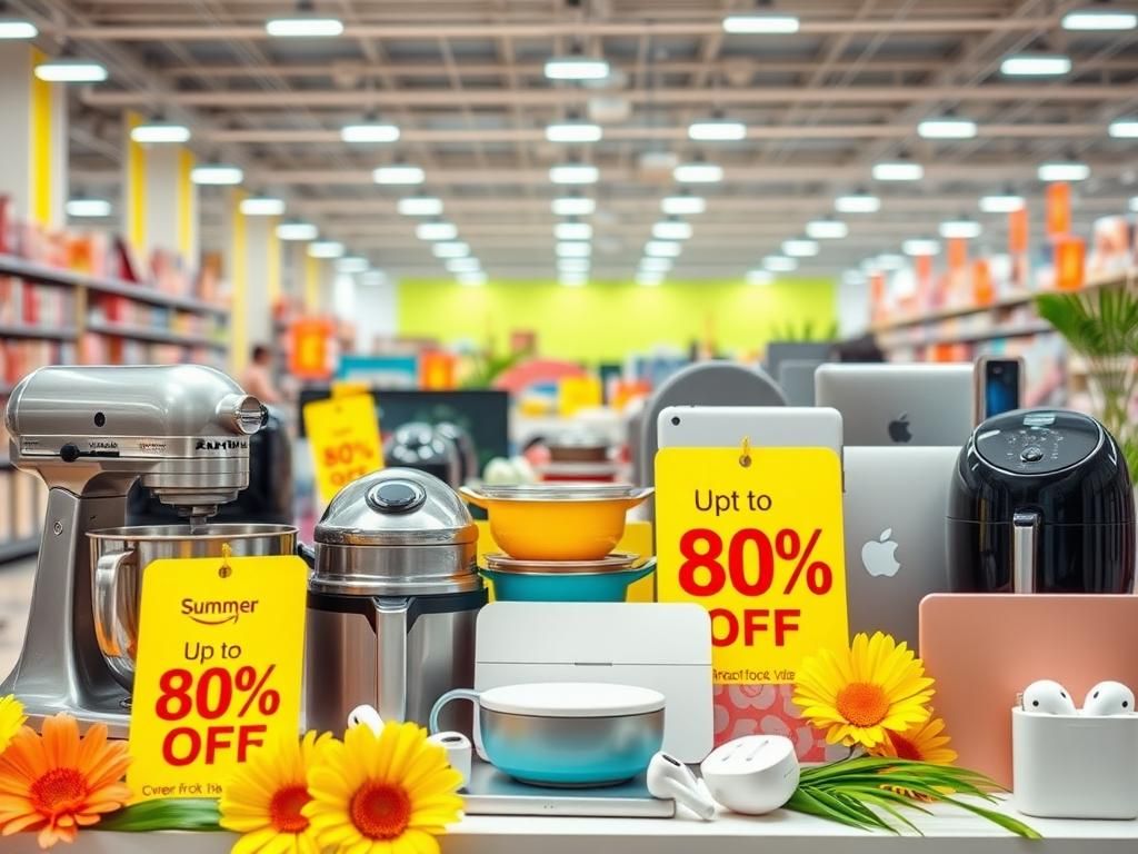 Flick International A vibrant summer sales event featuring kitchen appliances and Apple products with discount tags.