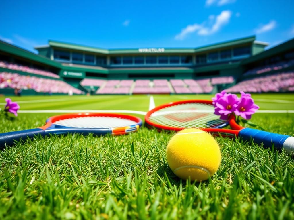 Flick International Vibrant grass tennis court at Wimbledon featuring a racket and tennis ball
