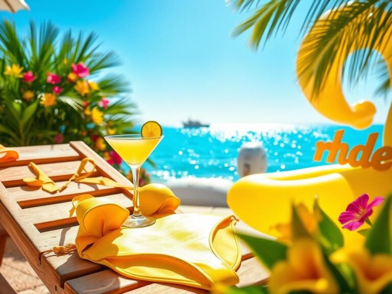 Flick International Stylish yellow bikini on a sun-soaked lounge chair with a refreshing drink in a vibrant summer scene