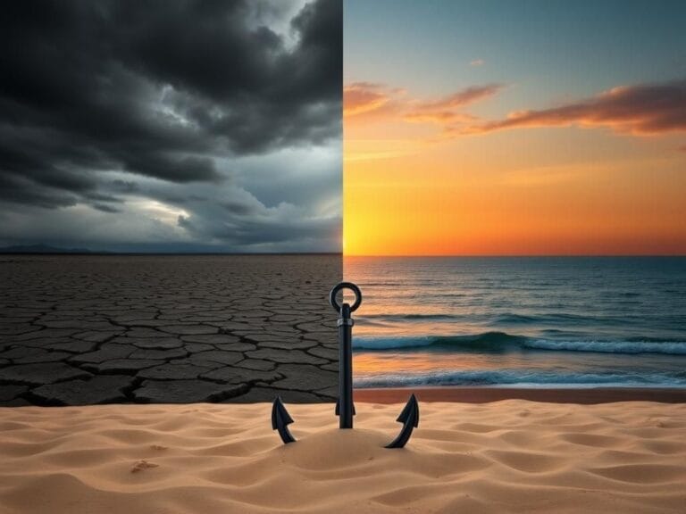 Flick International A split-screen image showing a stormy sky over cracked earth on one side and a serene sunset over calm ocean on the other.