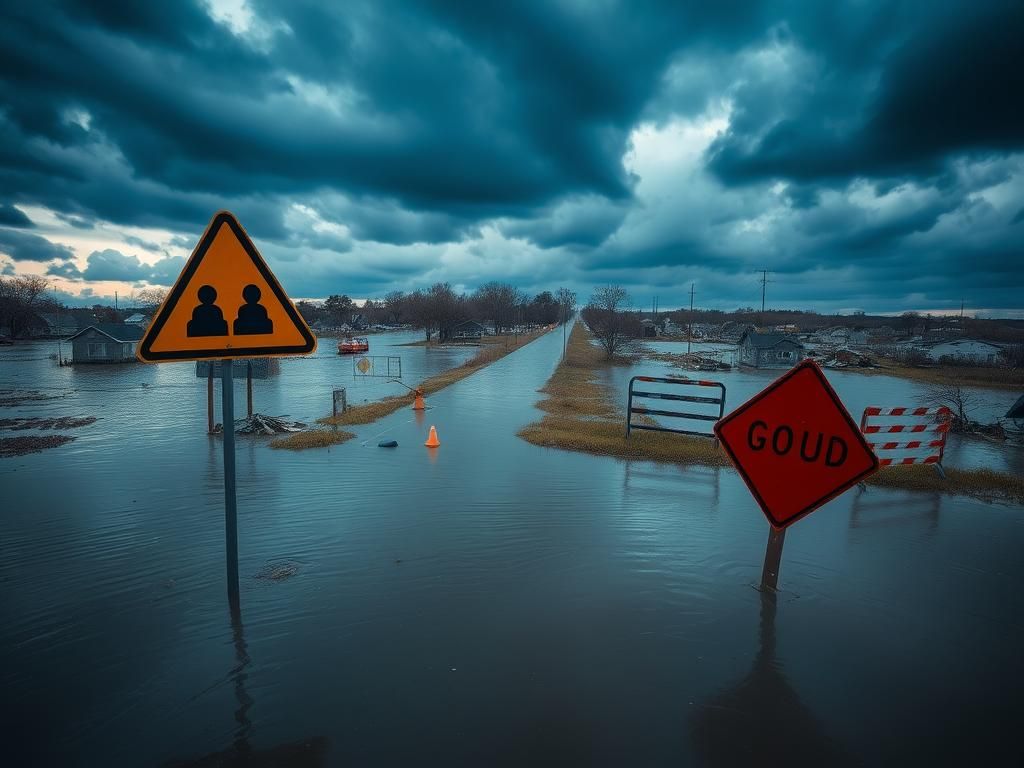 Flick International Flooded landscape showcasing the aftermath of a devastating Texas flood with submerged roads and destroyed homes.