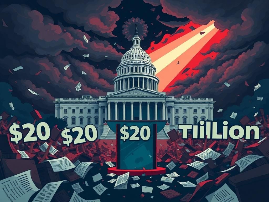 Flick International A symbolic illustration of a large legislative building surrounded by swirling documents and bills, depicting political chaos