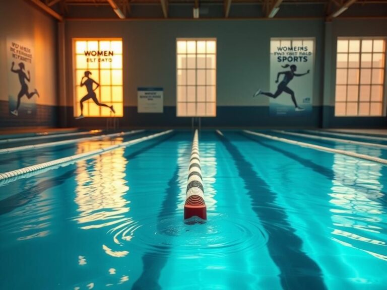 Flick International Aquatic scene of a swimming pool with empty lanes suggesting recent competition